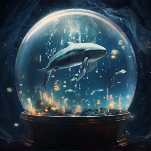 水晶球中的暖色灯光下，鲸鱼与繁星共舞