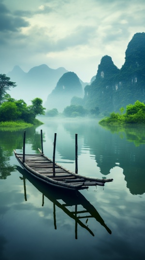 Refreshingly serene 4K photo of bamboo raft on misty Guilin landscape
