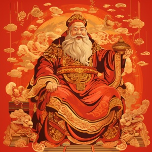 超精细8k中国年画，财神爷抱金元宝，喜庆红色背景