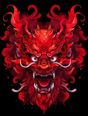 中国红背景，全息投影，抽象安达卢斯中国龙头T恤设计