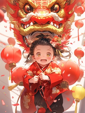 Q version of the baby dragon full body expression is happy, taking off in the middle of the air, the position is in the middle of the picture two-thirds, dragon horn hanging Fu bag, dragon scale glass gold ➕ red gradient, lovely smile, smart big eyes, the whole body cute toot. Background red tone, lively New Year, Spring Festival elements. Spring couplets, fireworks in the air, lanterns, a hundred flowers blooming, red tone, gold ingots and coins on the ground, mascot, colored lights