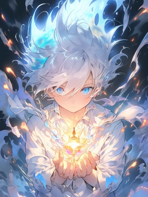 可爱的小男孩，身穿白衣，银发，浅蓝色的眼睛，手上升腾着蓝色的火焰