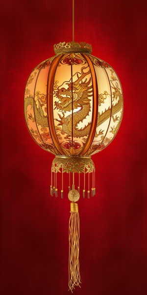 红色背景中的金色中国龙与灯笼装饰