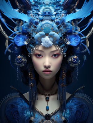 一位美丽的中国女性，花藤，蓝色，大师级，超现实主义，特写，海报，超高清画质，32K，ar 3:4s 250v 6.0