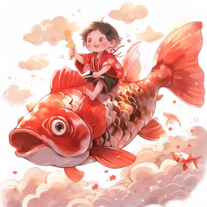 一个可爱的中国小男孩骑在一条大红色鲤鱼上，胖胖的，快乐的，春节的节日气氛，中国木版画，平面插画，卡通，几何图形，粗体线条，白色背景绘画风格：动漫-写实