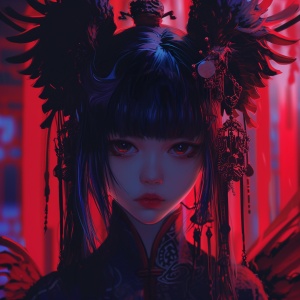 女孩动漫dragon wistful angel女孩动漫headshots女人dragon wistful angel图像，采用深色靛蓝和红色的风格，中国文化主题，无修饰的现实主义，junglecore，acidwave，仪式面具，uhd图像