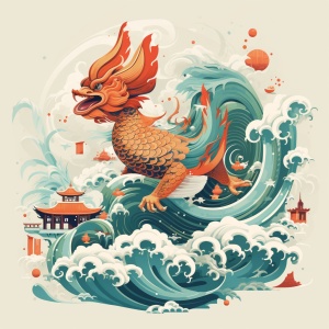 一个可爱的苍鼠龙骑在一条大鲤鱼上，胖胖的，快乐的，春节的节日气氛，中国木版画，平面插画，卡通，几何图形，粗体线条，白色背景🎁绘画风格：动漫-写实