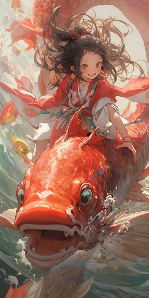 一个小龙女，婀娜多姿，骑着一个大鲤鱼跳龙门，手里握着金如意，憧憬未来，向往美好的生活。