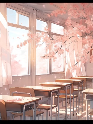 充满樱花的教室，课桌上有书，还有笔，充满了浪漫感，笔触细腻，线条柔和