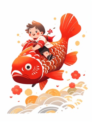中国木版画: 可爱小男孩骑大鲤鱼，快乐的春节氛围