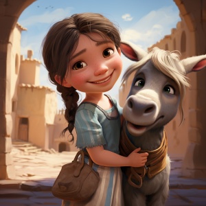可爱小女孩微笑面对镜头拿着驴衣服