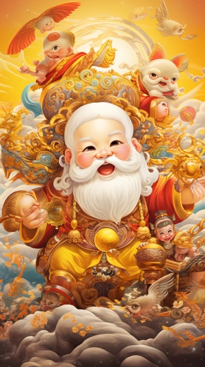 中国风的财神踏着祥云，慈眉善目，手里拿着各种金银，如意，金光闪闪的观感，身边跟着一条可爱的金龙，龙的身上骑着一个可爱的中国胖娃娃，可爱的笑，孩子手里拿着“龙年吉祥”的红色条幅，高清画质，高端摄影师实拍作品，32