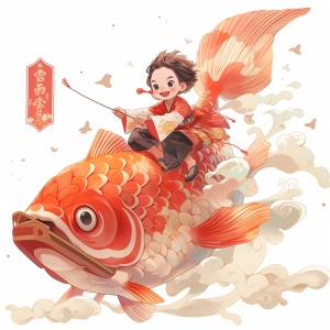 一个可爱的中国小男孩骑在一条大鲤鱼上，胖胖的，快乐的，春节的节日气氛，中国木版画，平面插画，卡通，几何图形，粗体线条，白色背景动漫-写实