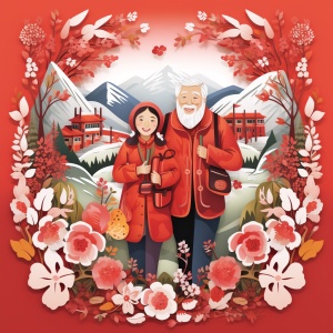 中国传统剪纸，中国乡村山区老夫妇，身穿大毛翻领的红色羽绒大，手捧（（（福字））），满面笑容，农家大门，春节喜庆气氛，背景是山花烂漫，缕空，