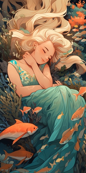 沉睡在海草与珊瑚中的美人鱼公主，青绿色鱼尾，金黄色长发。缤纷绚丽的珊瑚，蔚蓝的海水。