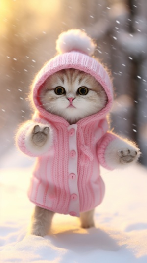 the image of a cute cat in a pink down jacket and white hat, dancing in the snow with a blurred background of trees, photo realistic, hyper-detailed, ultra detailed, 4k, 8k ar 3:4 v 6.0