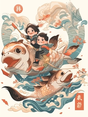 一个可爱的中国小男孩抱着小狗骑在一条大鲤鱼上，胖胖的，快乐的，春节的节日气氛，中国木版画，平面插画，卡通，几何图形，粗体线条，白色背景