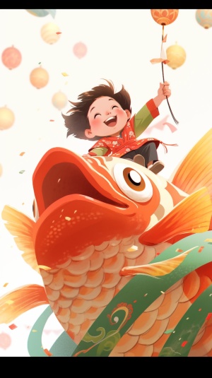 🎁描述词：一个可爱的中国小男孩骑在一条大鲤鱼上，胖胖的，快乐的，春节的节日气氛，中国木版画，平面插画，卡通，几何图形，粗体线条，白色背景🎁绘画风格：动漫-写实