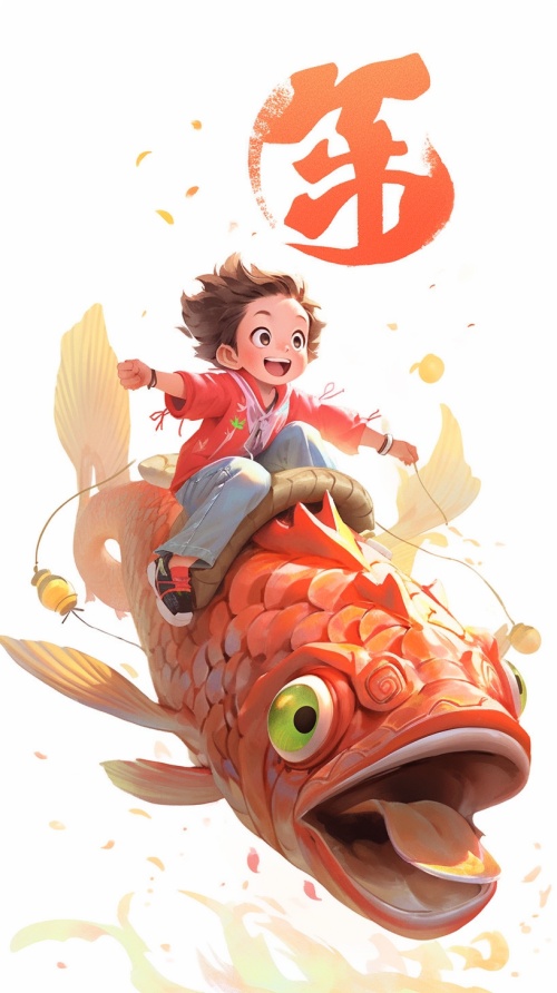 🎁描述词：一个可爱的中国小男孩骑在一条大鲤鱼上，胖胖的，快乐的，春节的节日气氛，中国木版画，平面插画，卡通，几何图形，粗体线条，白色背景🎁绘画风格：动漫-写实