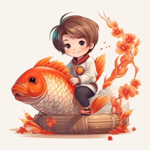 可爱中国小男孩骑大鲤鱼，快乐胖胖的春节插画