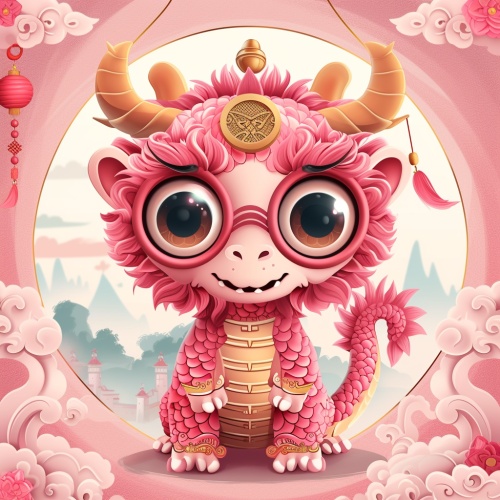 一条可爱的卡通龙，浑身粉色，圆圆的大眼睛，穿着中国农历新年的传统服装进行拜年