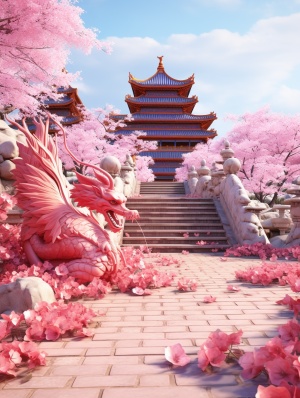 中国古典龙与粉色汉服的超高清3D渲染