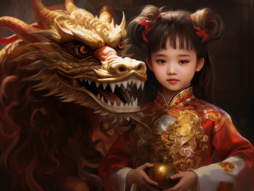中国龙，拟人，小女孩，霸气，金色，红色，喜庆