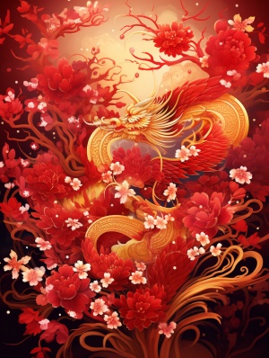 传统中国红背景，闪耀的金龙，喜庆的纹饰，五彩斑斓；左下角一枝梅花，盛开的花苞，馥郁的芬芳，多彩的花瓣，生机勃勃；礼花，