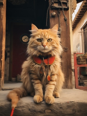 Cat returns to rural China, respected at the door, wearing a leash, real photos, super details