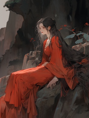 中国女孩穿着红色长裙，黑色长发，坐在岩石上，浪漫的插图风格，深白色和深米色，32k