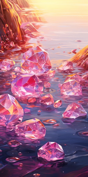 闪闪发光的钻石漂浮在水中，以梦幻般的调色板、浅品红色和浅琥珀色、充满活力的玻璃工艺研究、逼真的细节、阳光普照的颜色、异想天开的魔法ar 9:16v 6