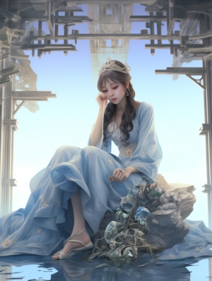chinese girl on kneel, in the style of anime art, classical figures, 32k uhd, dark white and aquamarine, flowing fabrics, lively illustrations, fawncore