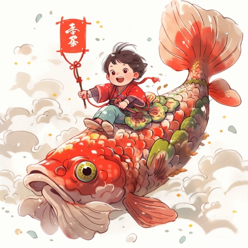 一个可爱的中国小男孩骑在一条大鲤鱼上，胖胖的，快乐的，春节的节日气氛，中国木版画，平面插画，卡通，几何图形，粗体线条，白色背景