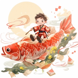 中国木版画: 可爱小男孩骑大鲤鱼，快乐的春节氛围
