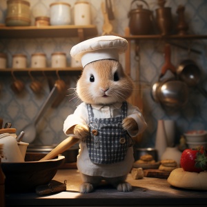 正面全身照，穿国风衣服的可爱兔兔，带着帽子，在厨房前，手拿锅铲，前面两条腿举起来，高清，摄影
