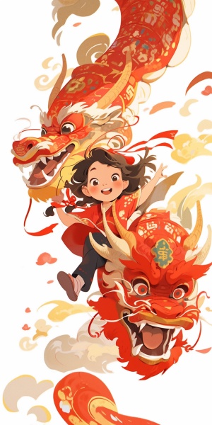 可爱的中国小女孩骑大红金龙，快乐的春节节日气氛