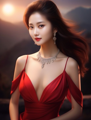 一位穿着红色连衣裙搭配银色珠宝的中国妇女，浪漫的情感风格，ferrania p30，发光的质量，坦率的名人镜头，angelina wrona，光滑有光泽，多种风格，超细致，超细腻，超高清画质，32K，