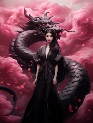 art et aigon fantasy，一个站在黑龙前面的中国古典女孩，穿着粉色的汉服长裙，以小飞月的风格，32kuhd，神秘的情绪，超现实主义的流行，哥特式的浪漫主义，粉红色云朵, daguerreian，梦幻般的现实主义风格，紧密的场景，动漫风格的人物，深粉红色和黑色，工笔，现实人物，queencore，风格逼真的流派场景，布莱恩·马什伯恩，32k超高清，超现实主义的插图