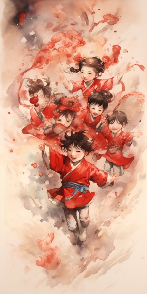 迎新春，许多小朋友们欢蹦乱跳，穿着红色汉服，舞龙，放鞭炮，贴春联。