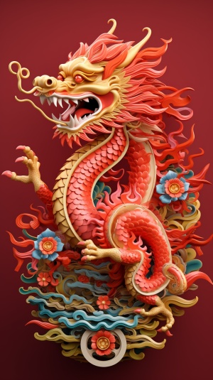 Adorable Chinese dragon, brightly colored embroidery, pure red background, professional quality, 8k, centered, ar 9:16 stylize 899 v 6.0