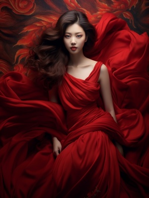 一个美丽的中国年轻女人，穿着飘逸的丝绸连衣裙，黑色长发飘逸，被红色丝绸红布包围，在bella kotak，宽松和流畅的风格，32k uhd,karencore, 工笔，风格大胆而优雅，受中国古代艺术的影响，超现实的气氛，富士胶片eterna生动的500t，丰富的色调，流动的面料，令人着迷的视觉错觉采用李书星，娜塔莉·肖的风格，紧密的场景，leo putz,32k uhd，坦率的肖像，流动的面料，风格为流畅的纹理，超现实主义，令人着迷的光学幻觉，深米色和深红色