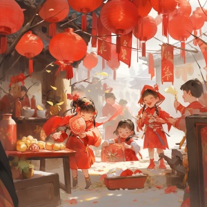 迎新春，小孩穿红衣，节日气氛热闹