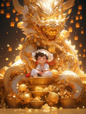 一个可爱的中国男孩财神和一条可爱的小龙，上面覆盖着金色和光泽，采用beeple，浅金色和浅白色，miki asai，超现实主义幻想，fawncore,q hayashida，新传统主义者的风格，周围有很多金币，可爱而梦幻，超现实的动物插图风格，虚幻引擎5，larme kei，模糊，梦幻般的氛围，微型照明，玩具般的比例，带有翅膀和金色硬币，采用细致的逼真的静物，bokeh，独特的yokai插图，浅白色和浅金色,超逼真的动物插图，尖刺的土墩，点燃的孩子，dragonsincrystals，卡通龙，龙，彩虹，龙，以浅金色和浅白色的风格，超高清画质，立体3D，3D渲染，32K，miki asai，详细的角色设计，cranberrycore,billgekas，闪闪发光古风立体3D，3D渲染，超高清画质，32K，