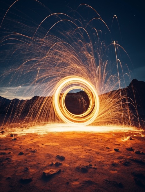 Time-lapse photography, a circle formed by sparks, dark desert night, black blank background