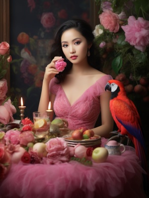 A beautiful Asian woman with super natural skin and pores, natural face hair, small wrinkles, wearing a pink plush dress with glitter crystal details, sitting by a table full of food, drinks, wine, flowers, in the back there are pink parrots, alice in wonderland style ar 4:5style rawv 6.0