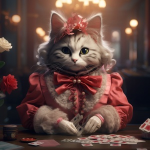 一只猫穿着漂亮的裙子，红色美甲，长睫毛，精致的妆容，戴着蝴蝶结在打麻将