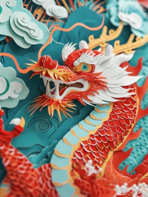 中国剪纸艺术，中国龙，loong ，红色，浅蓝色，精致，手工艺品，真纸