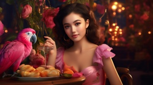 Beautiful Asian Woman in Pink Plush Dress Surrounded by Food and Flowers