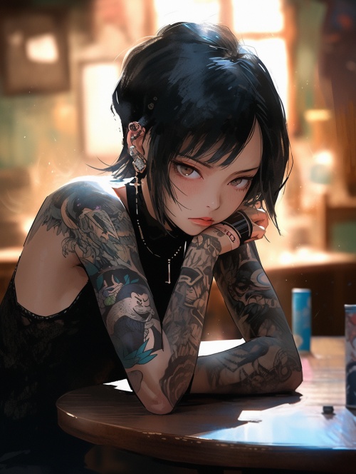 a girl with black tattoos on her back sitting at a table, in the style of yuumei, dark azure and light amber, intense gaze, lifelike figures, ruan jia, dark blue and white, cabincore，uhd 32K s 400