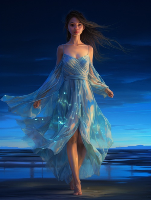 1A girl in an aurora borealis dress strolls along a beach at night, looking into the camera in a style of shimmering shifts, blues and aquamarines, masters of tanning, fleeting installations, exquisitely delicate, softly glowing,flickering details.一位身着极光一样蓝色发光连衣长裙的中国女孩，在夜晚的海滩上漫步，看向镜头，风格是闪闪发光的转变，蓝色和海蓝色，日晒大师，昙花一现的装置，精致细腻，柔和发光，一闪即逝的细节，宛如空灵的生物，我简直不敢相信这是如此美丽的画面，超高清画质，32K